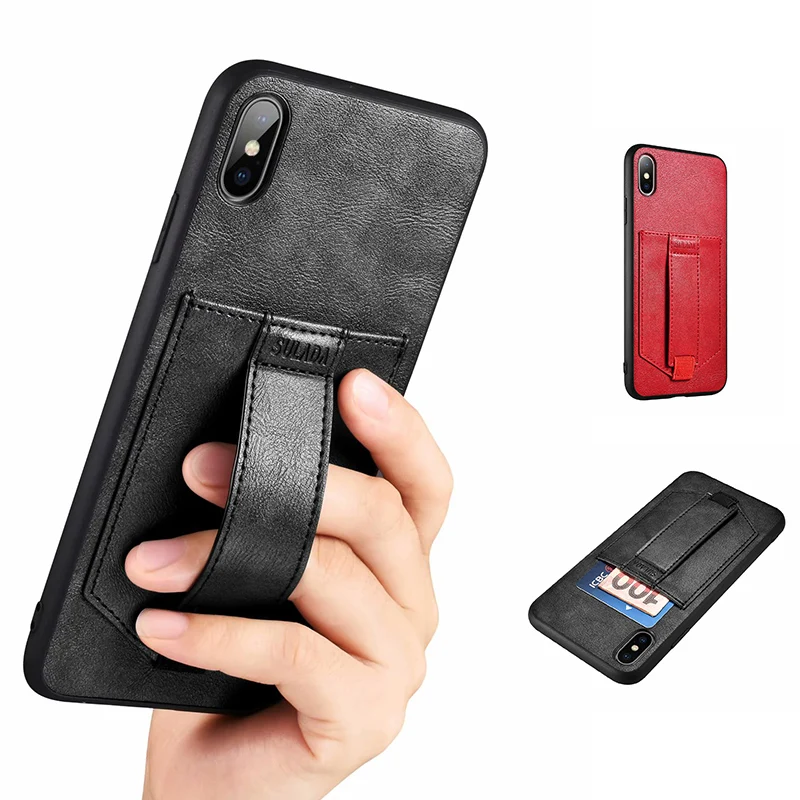 

Premium PU Leather Back Cover with hand Strap Wallet Card Slot holder Phone Case for iPhone 7 8 plus X XS XR xs max