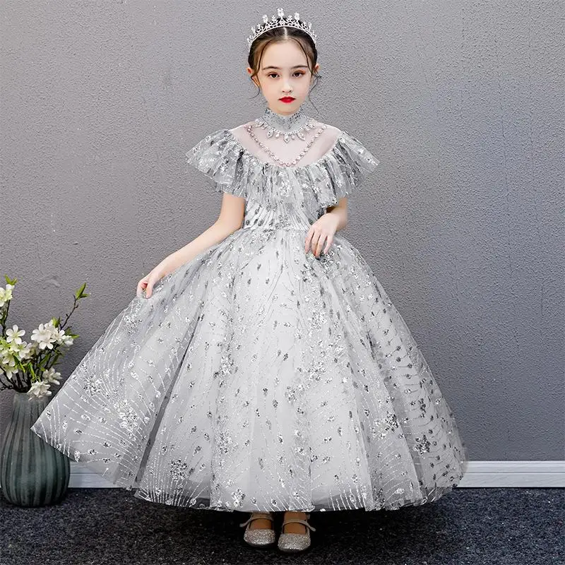 Бальное платье с цветочным узором для девочек; детское серое платье с блестками для подиума; платье принцессы для дня рождения, вечеринки, свадьбы; Vestidos ; одежда для детей