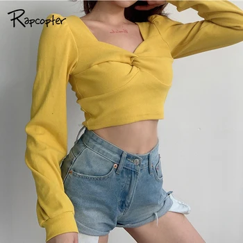 

Rapcopter Yellow Knitted T Shirt Y2K Top Puff Full Sleeve Crop Top Autumn Winter Tee Shirt Knitwear Casual Streetwear 2020 New