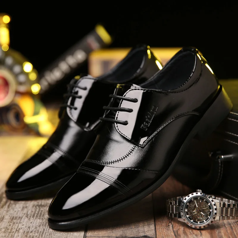 

2019 Autumn New Style Business Casual Shoes Men round-Toe Lace-up Bright Surface Leather Shoes Dress Shoes Trend MEN'S SHOES