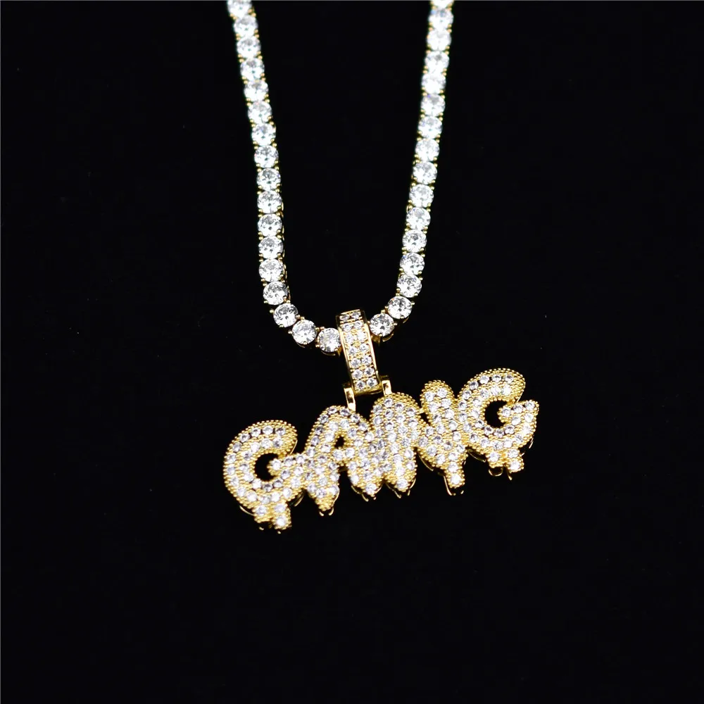 Ледяной кубический цирконий Bling Bubble Letters GANG кулон ожерелье Мужчины Женщины хип