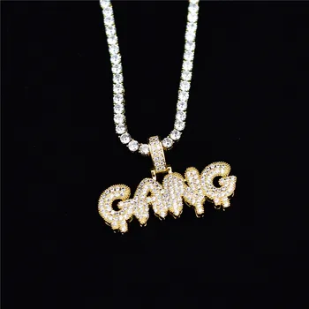

Iced Out Cubic Zircon Bling Bubble Letters GANG Pendant Necklace Men Women Hip Hop Gold Silver Color CZ Necklace Charm Gifts