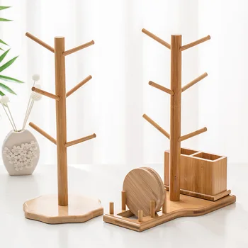 

Wood Cup Storage Holder Tree Removable Bamboo Mug Stand Wine Glass Drain Rack Kitchen Coffee Tea Cup Organizer 6 Hooks Hanger