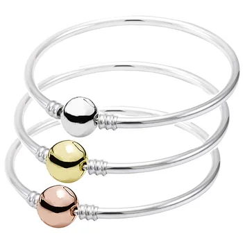 

New 925 Sterling Silver Bangle Rose Gold & Silver Ball Circular Clasp Clip Suitable Bracelet Fit Bead Charm DIY Fine Jewelry