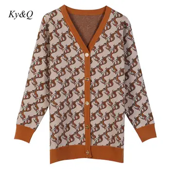 

2020 Autumn Winter Vintage Women Thick Long-sleeved Loose Knit Embroidery Brand Design Tide Cardigan Runway Clothing
