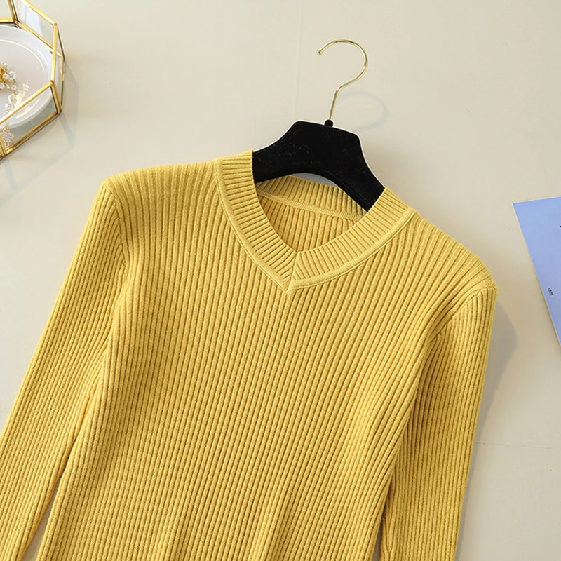 Модный осенний свитер, Женский Повседневный тонкий свитер с v-образным вырезом, Одноцветный Зимний пуловер с длинным рукавом, женский свитер