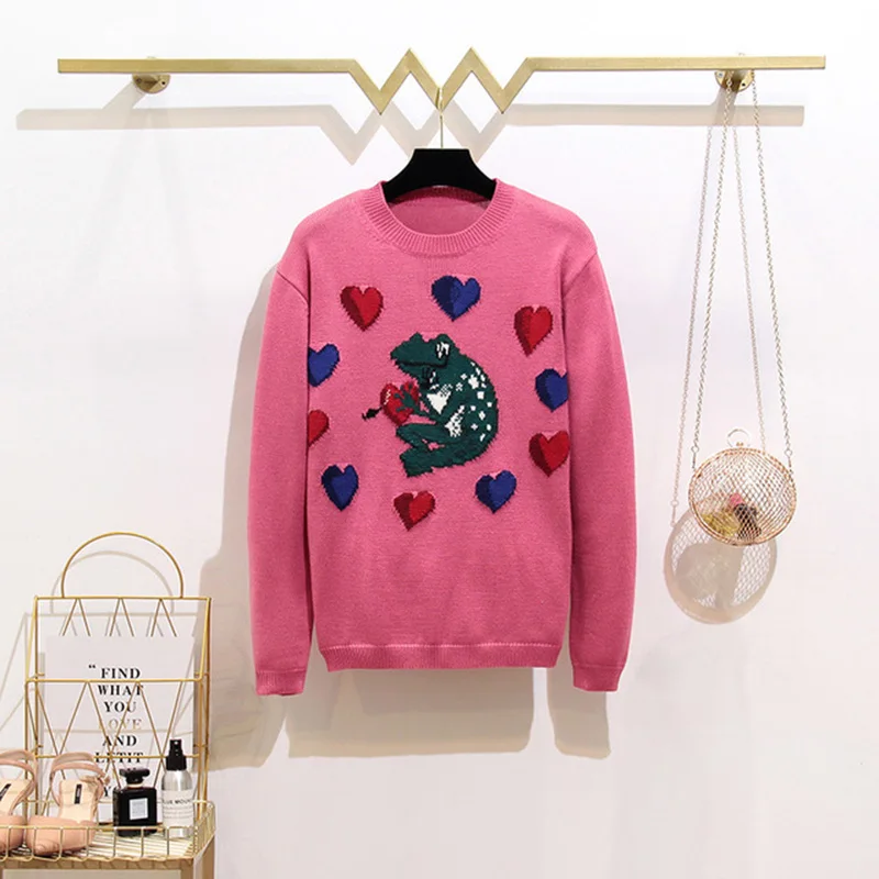

High Quality Women Autumn Winter Long Sleeve Sweet Heart Letters Embroidery Pink Knit Sweater Pullover Wool Sweaters