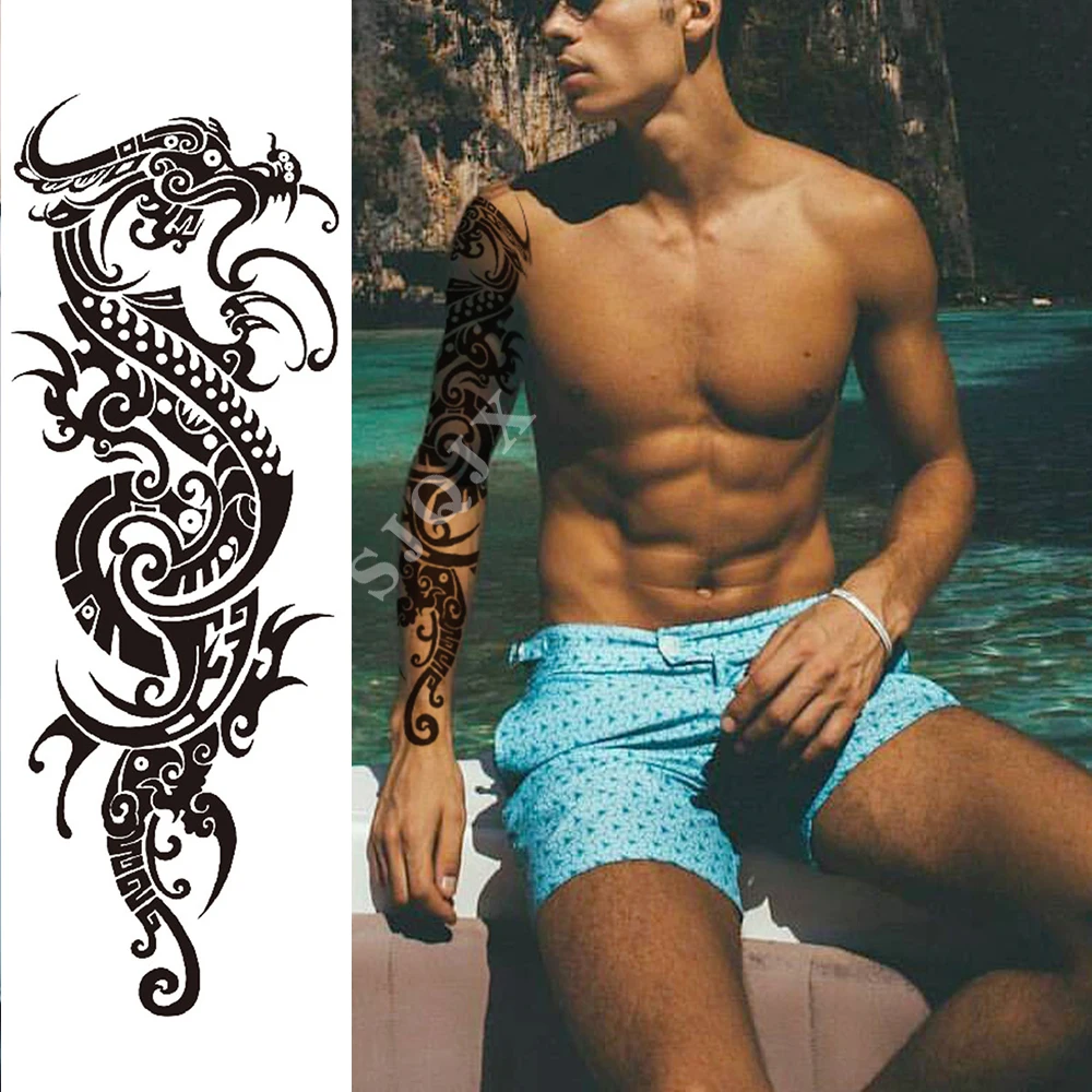 Полный рука поддельные татуировки рукава временные Большие размеры татуировки наклейки павлин цветок череп рыба дракон поддельные татуировки для мужчин и женщин - Цвет: H