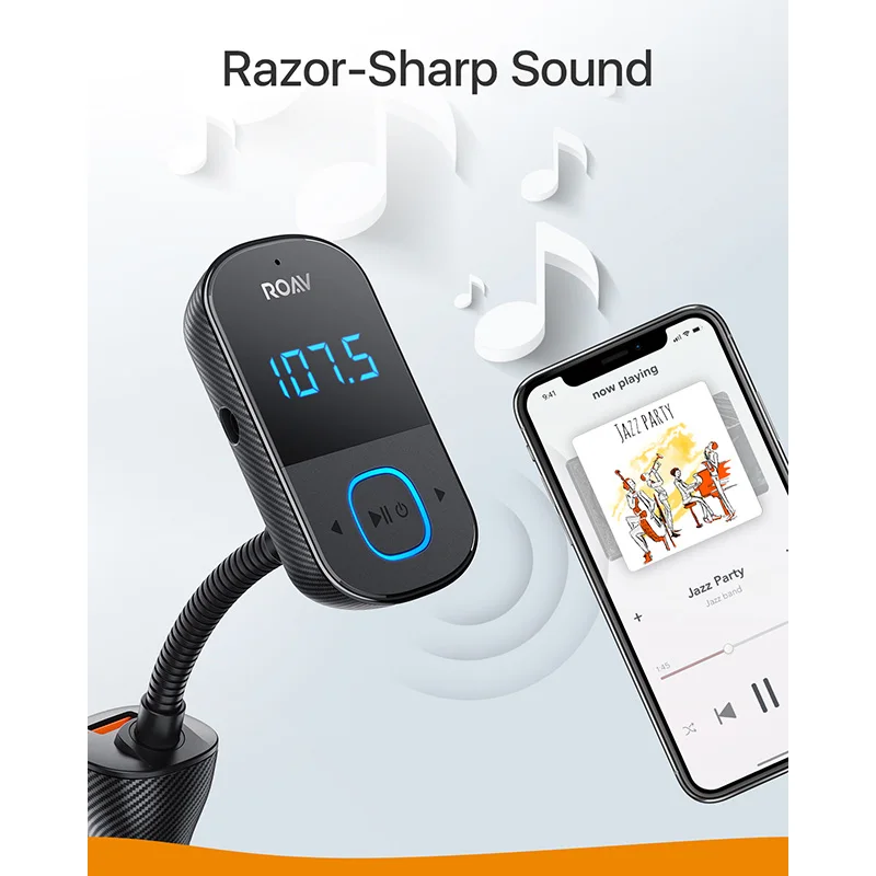 Anker Roav SmartCharge T1, Bluetooth fm-передатчик для автомобиля, аудио адаптер и приемник с большим светодиодный дисплей, PowerIQ 2,0