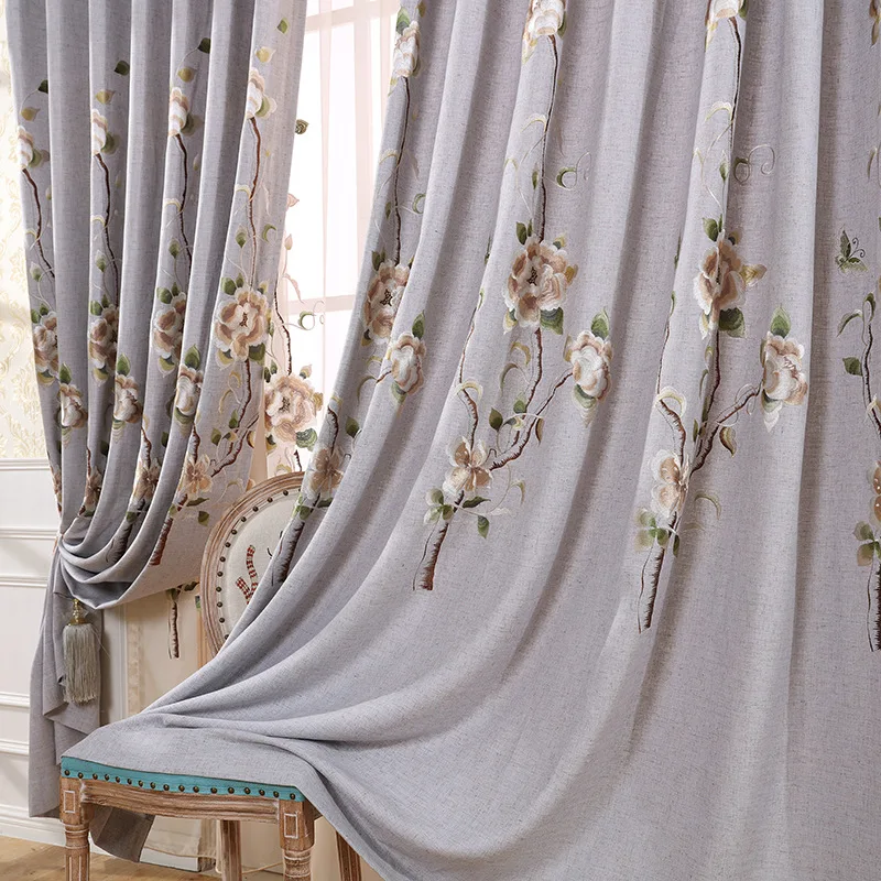 

New Chinese Snow Flax Embroidery Shading Curtains for Living Dining Room Bedroom.