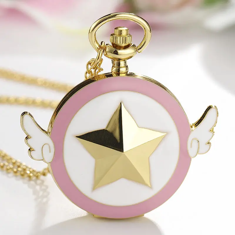 Cardcaptor Sakura карманные часы Аниме золотой тон Звездное крыло кварцевые карманные часы в стиле «стимпанк» подвеска-ожерелье женские подарки для девочек - Цвет: Розовый