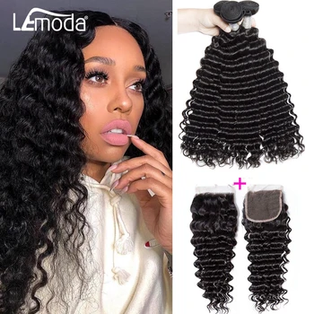 

Brazilian Deep Wave Bundles With Closure 3 Bundles Remy Human Hair Weave With 4x4 5x5 6x6 Lace Closure Lemoda Hair 10-30 Inch