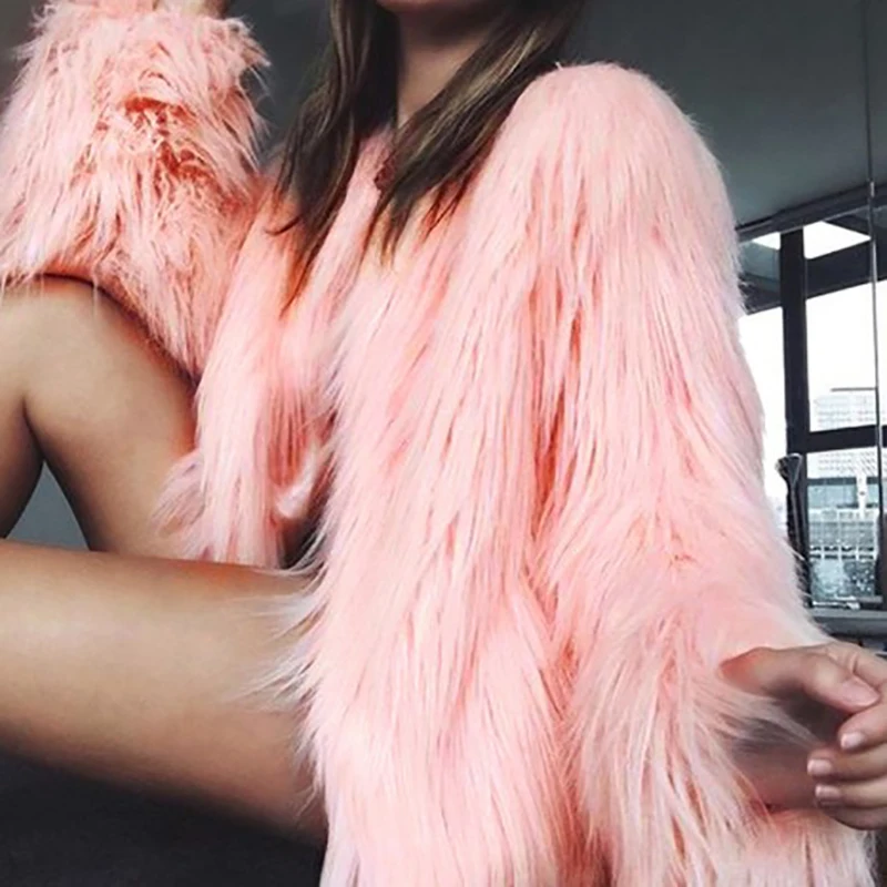 

Fashion Furry Faux Fur Coat Women Fluffy Warm Jacket Long Sleeve Female Outerwear Autumn Winter Coat Hairy Collarless X