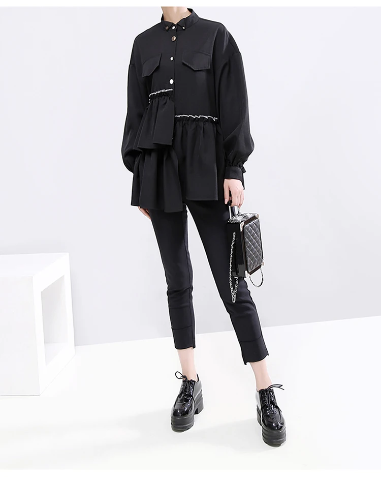 Корейская стильная женская однотонная черная Осенняя блузка с карманами и оборками, женские повседневные блузки, женская рубашка, сорочка для женщин 5489