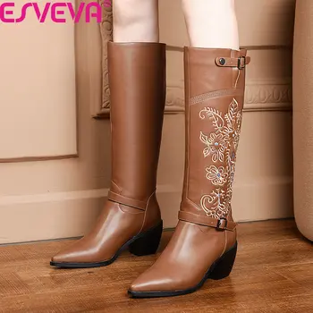 

ESVEVA 2020 Embroidery Autumn Winter Pointed Toe Fashion Knee High Boots Square Heel Cow Leather PU Zipper Women Shoes Size34-43