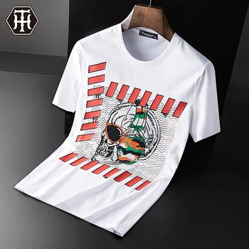 

2020 Bright Rhinestones Skulls T Shirts Men Short Sleeve Fashion Clothing Streetwear O Neck Modal Cotton Tshirt Hip Hop Camiseta