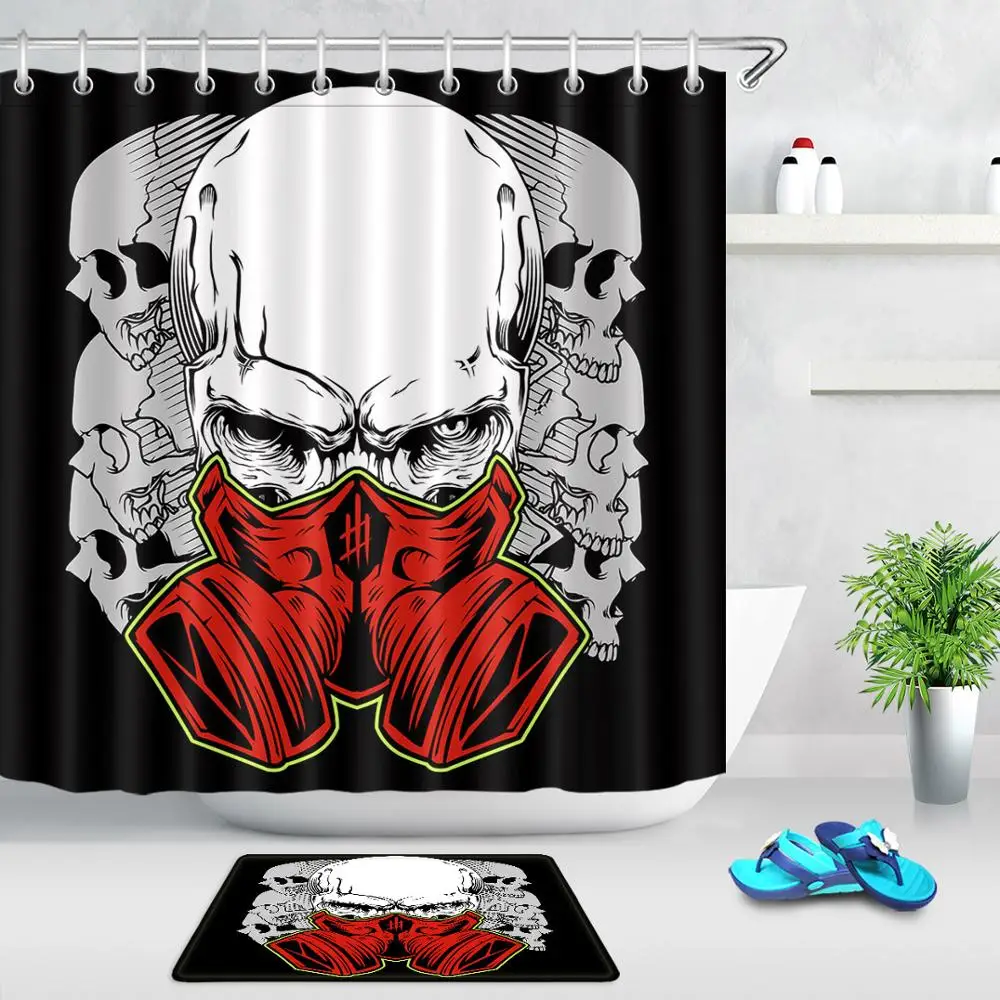 Red Gas Mask Sugar Skulls Bathroom Curtain Halloween Decor Waterproof Polyester Fabric Shower Non-slip Bath Mats Rugs | Дом и сад