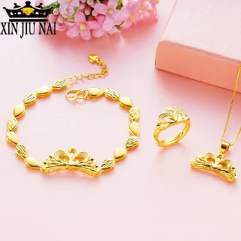 

2020 hot new arrival arrives retro luxury personality princess style crown 24K Gold necklace ring bracelet wedding jewelry set