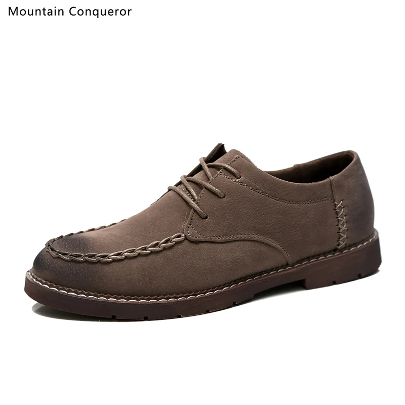 Mountain Conqueror Fashion Shoes Men Split leather Autumn Winter Vintage Motorcycle Boots Male Martin Shoes Men Ankle Boots - Color: Khaki