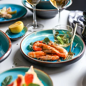 

Ice Cracking Glaze Ceramic Tableware Household Dishes Rice Bowls Steamed Fish Dishes Porcelain Blue Dinner Plates WY60922