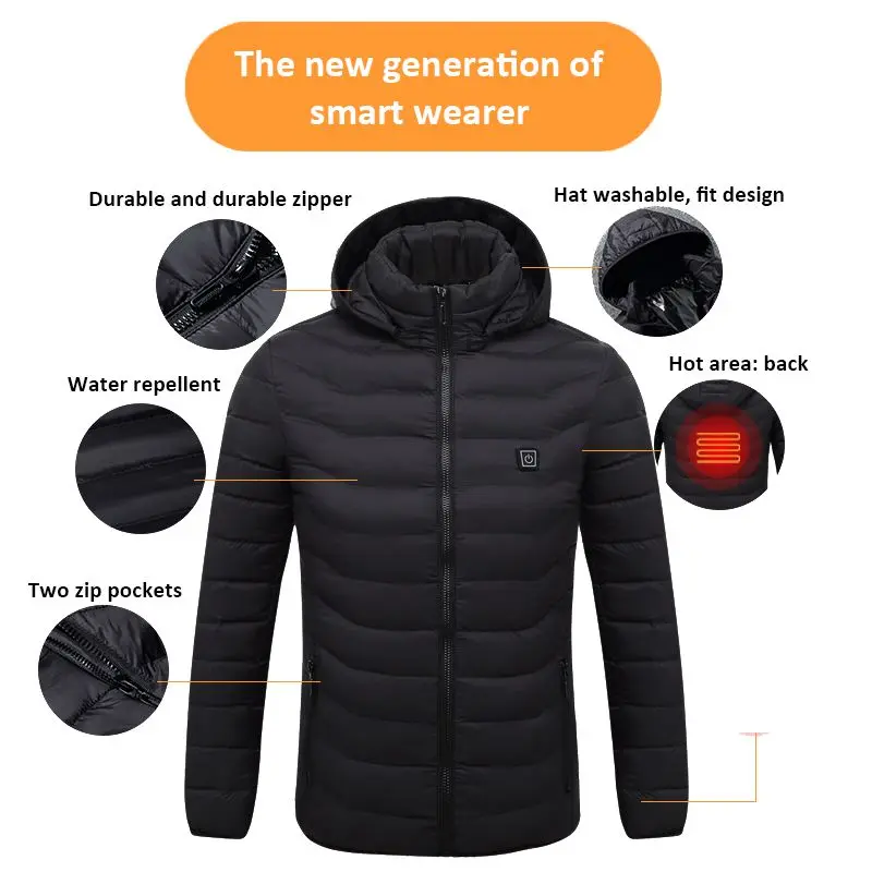 Мужская Новая зимняя теплая USB Инфракрасная теплая зимняя куртка, Мужская умная термостат, однотонная парка с капюшоном, теплая куртка
