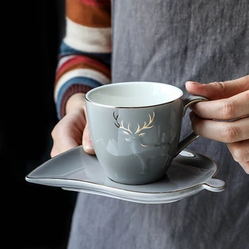 

Nordic Light Luxury Elk Outline In Gold Cappuccino Coffee Cup With Creative Saucer Teaspoon Set Scented Tea Cafe Espresso Mug