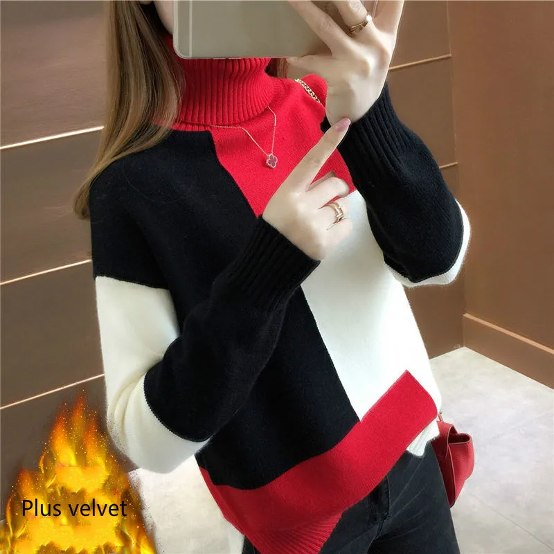 Plus velvet 2 Neploe толстый свитер с высоким воротником Женский пуловер вязаный контрастный цвет Pull Femme свободная зимняя одежда в стиле пэчворк 46771 - Цвет: Plus velvet 2