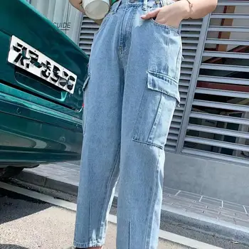

2019 Women Autumn New Retro Solid Jeans Casual Pockets High Waist Loose Trousers Denim Pants