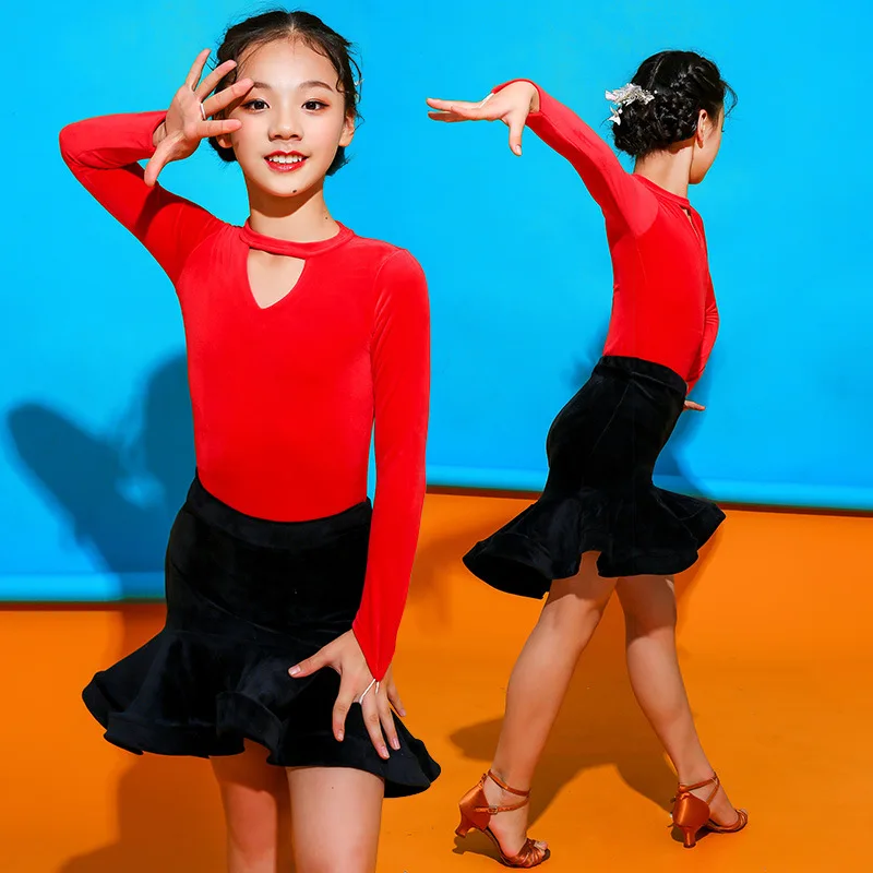 Children Latin Dance Practice Clothes Ballroom Dance Dress Girls Latin Performance Suit Top+Skirt Latin Dance Costumes 2 Pcs Set (4)