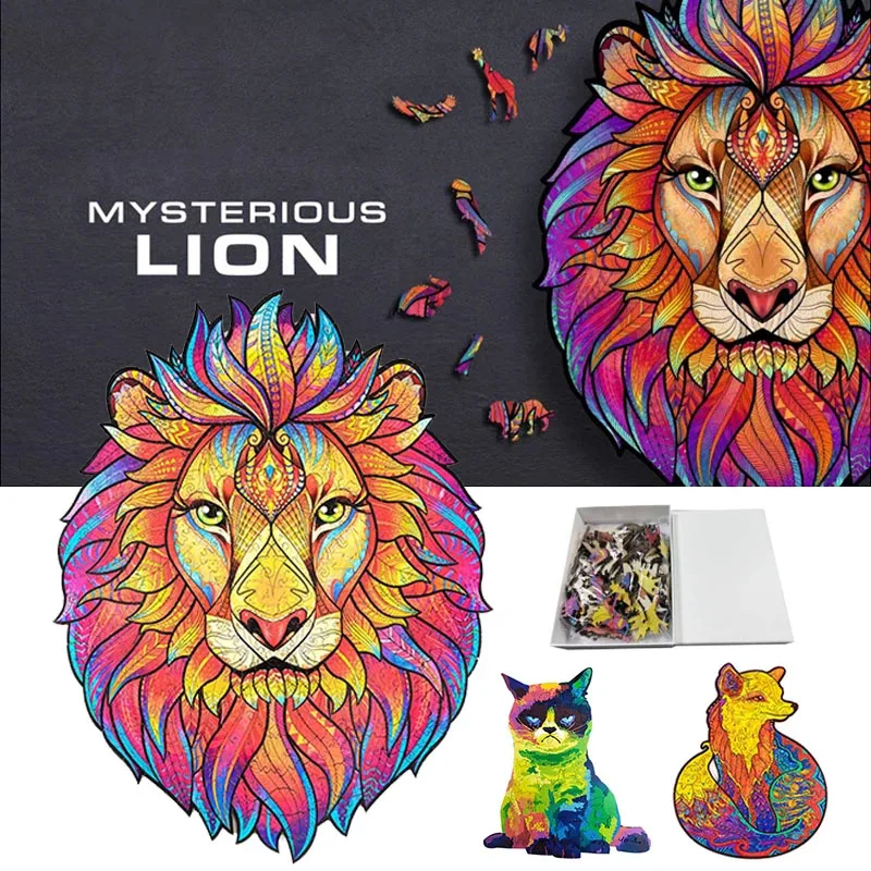 Puzzle en bois pour adultes et enfants, bricolage, Puzzle lion mystérieux,  chaque pièce est en forme d'animal, cadeau