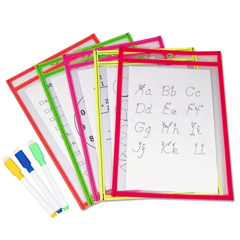 

10PCS Reusable Clear PVC Dry Erase Pockets Sleeves +3PCS Pens for Office Classroom Organizers Organization Teaching Supplies