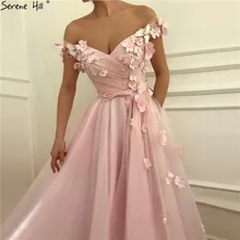 Розовые пляжные Сексуальные вечерние платья с открытыми плечами, украшенные жемчугом, тюлевые вечерние платья ручной работы с цветами