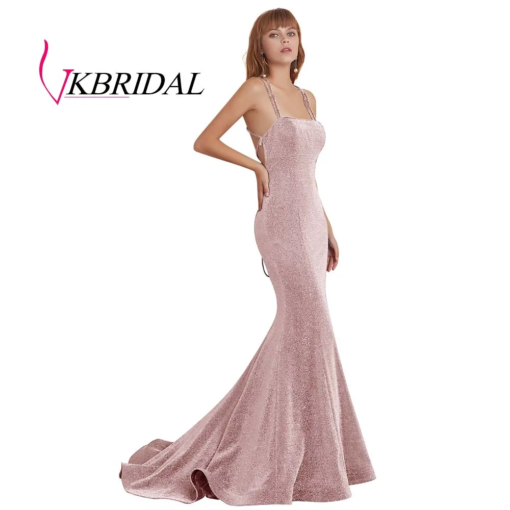 Розовый VKBRIDAL, блестящие длинные платья для выпускного вечера,, сексуальные платья с бретельками на спине, блестящие Сексуальные вечерние платья Русалка - Цвет: Розовый