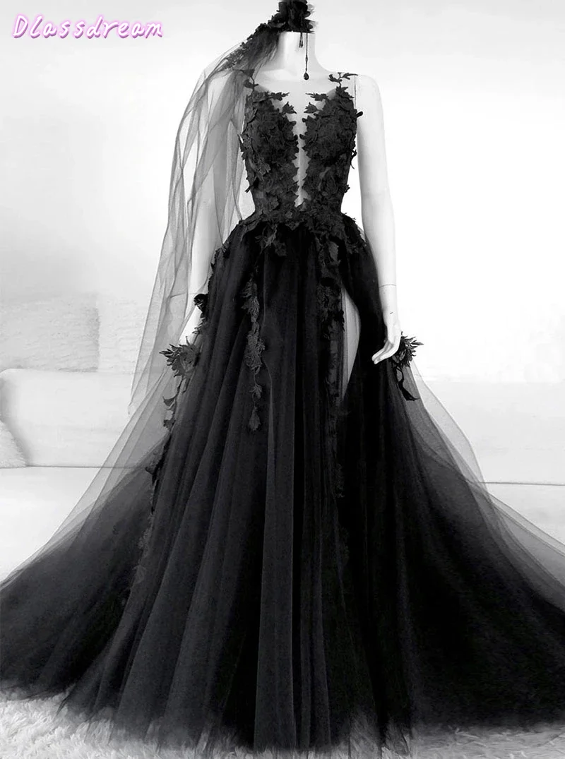 

Black Tulle Court Train Prom Dress Sleeveless Appliques Top Deep V Back O-neck Backless Evening Dresses   