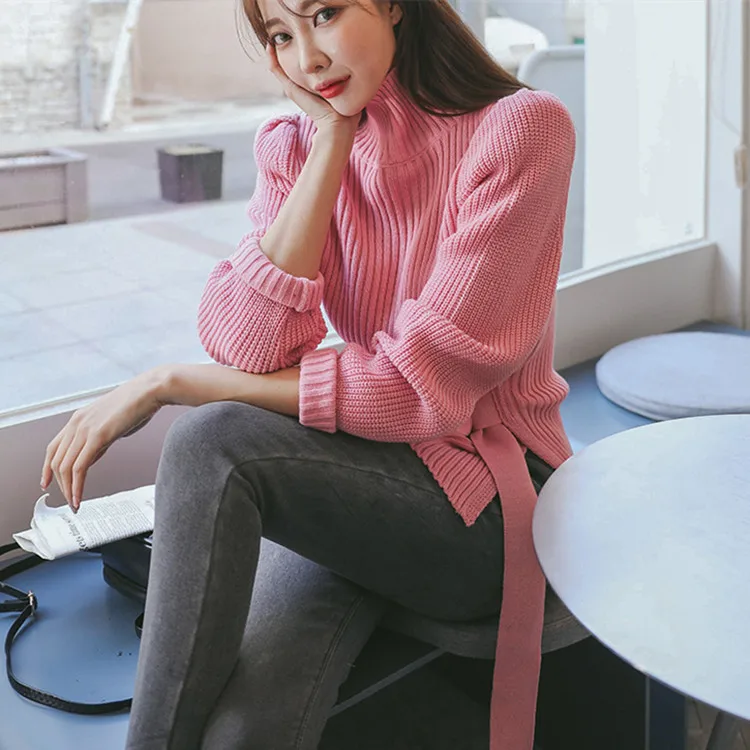 Pink Sweater Новое поступление, Женская водолазка на весну и зиму с поясом, свитер, мягкий вязаный с пышными рукавами, с разрезом по бокам, элегантный топ C90801J - Цвет: Pink Sweater