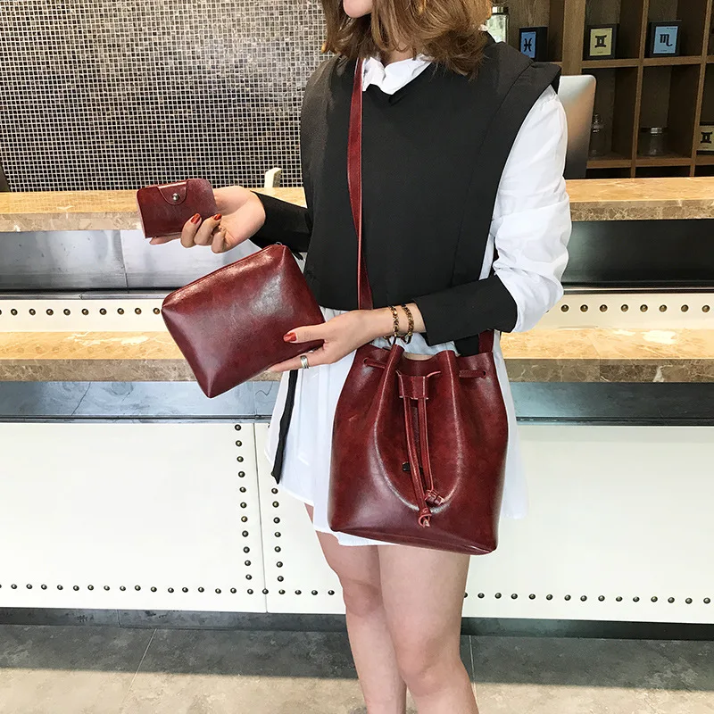 

2018 Autumn And Winter New Style WOMEN'S Bag Bucket Bag Three-piece Set Different Size Bags Oil Skin Shoulder Casual Hand Should
