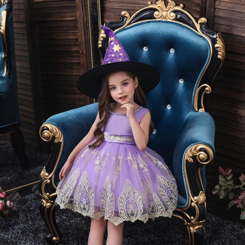 

Halloween Black Embroidery Princess Dress and Hat for Baby Girls Children Costume Clothes 3-10 Years Girls Christmas Dresses
