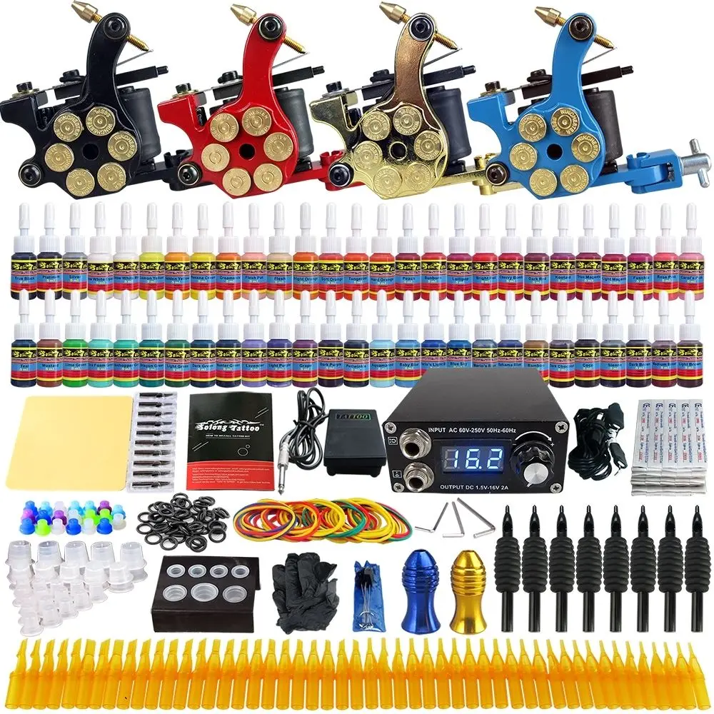 Complete Beginner Tattoo Kit 54 Color Inks Mini Power Supply Cheap Set Grips Needles Tips Supplies | Красота и здоровье