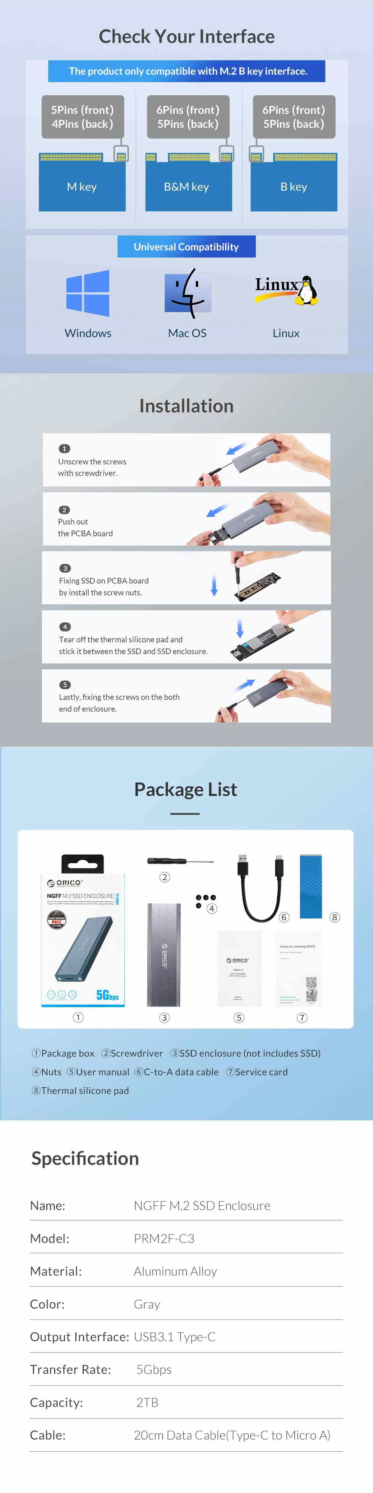 ORICO USB3.1 type-C NGFF M.2 жесткий диск корпус алюминиевый сплав 5 Гбит/с SSD корпус раздвижная Крышка для MGFF M.2 жесткий диск
