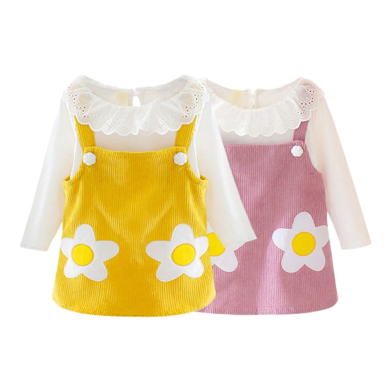 

Spring Autumn Baby Kids Girls Long-sleeved Cotton 2 Pcs Set Dress Comfortable Flower Printed White Top + Corduroy Sling Dress