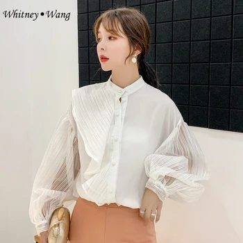

WHITNEY WANG Blouses 2020 Spring Fashion Streetwear Ruffles Patchwork Lantern Sleeve Blouse Women Blusas Office Lady Shirt Top