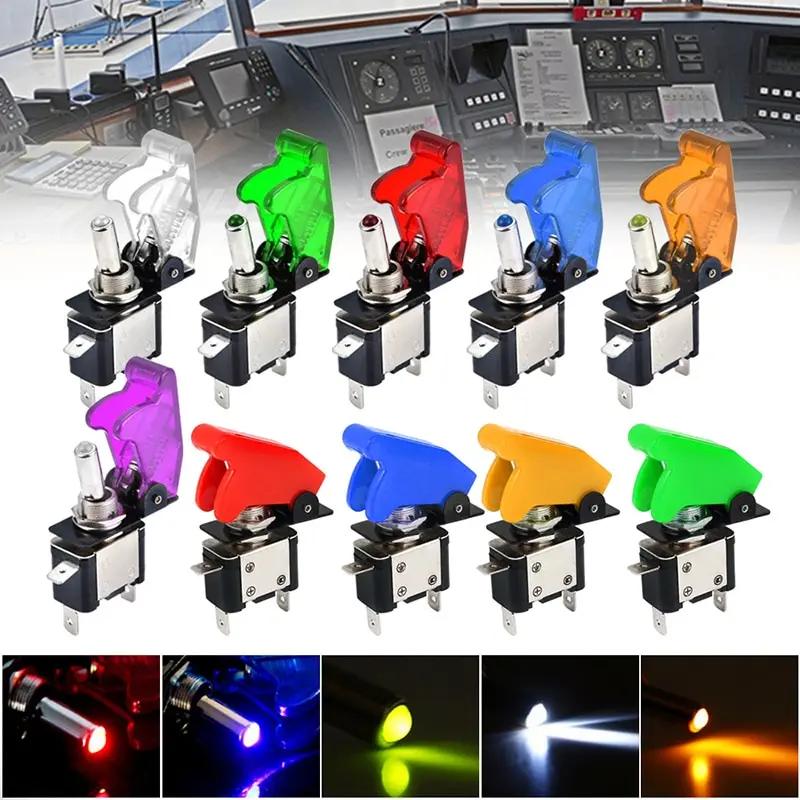 Auto Car Boat Truck Illuminated Led Toggle Switch With Safety Aircraft Flip Up Cover Guard Red Blue Green Yellow White 12V/20A |