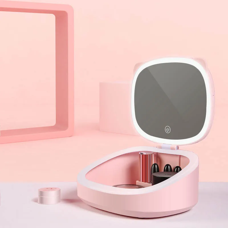 Светодиодное зеркало для макияжа с косметической коробкой для хранения туалетное зеркало настольное с лампой настольное заполняющее зеркало светодиодное зеркало для макияжа - Цвет: pink