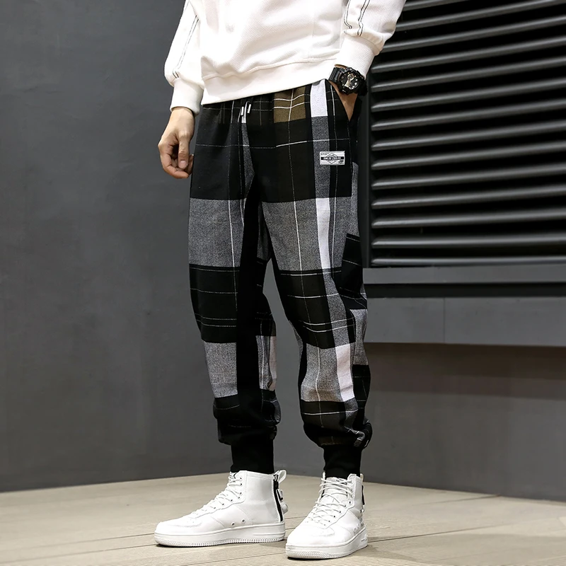 Японский стиль, Осень-зима, модные мужские джинсы, свободный крой, винтажные, дизайнерские, в клетку, шаровары, соединены, хип-хоп, штаны для бега, мужские