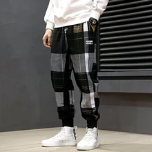 Японский стиль, Осень-зима, модные мужские джинсы, свободный крой, винтажные, дизайнерские, в клетку, шаровары, соединены, хип-хоп, штаны для бега, мужские
