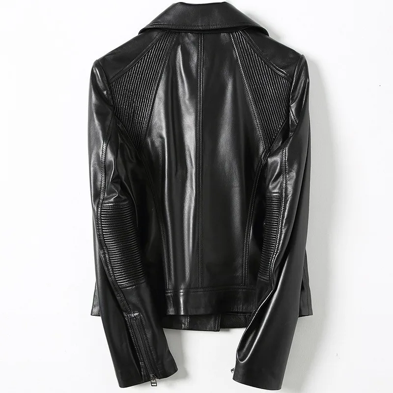 

Harajuku Motorcycle Genuine Leather Coats Women Slim Fit Fashion Black Sheepskin Biker Jacket Lapel Casual Female Clothes New