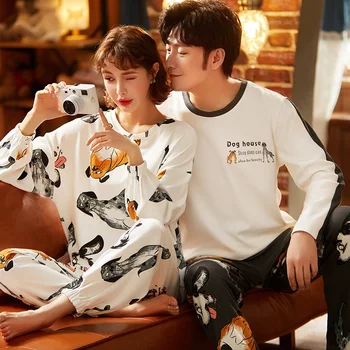 

Autumn and winter new couple cotton long-sleeved Korean cartoon casual pajamas set home service