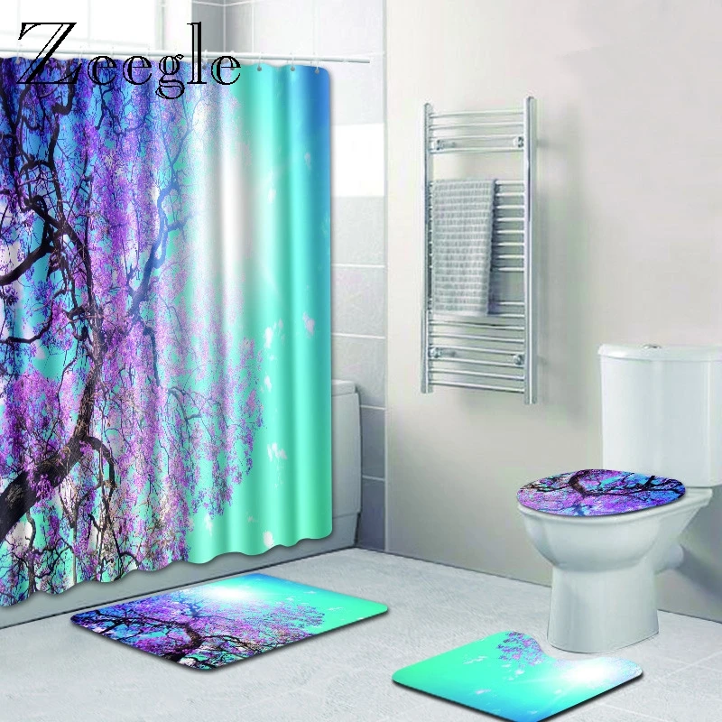 Zeegle Bath Mat Set with Shower Curtain Toilet Pedestal Rug Flannel Soft Foot Mat Anti Slip Bathroom Doormat Washable Toilet Set