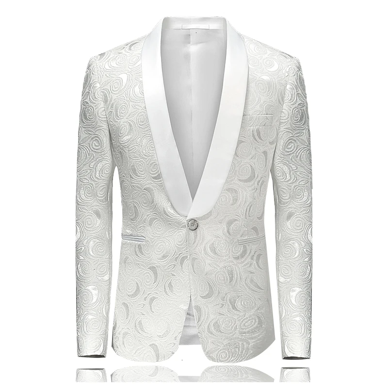 Mens Floral Printed Blazer Jacket Stage Costumes for Singers Fashion Shawl Collar Men Slim Fit Wedding White |