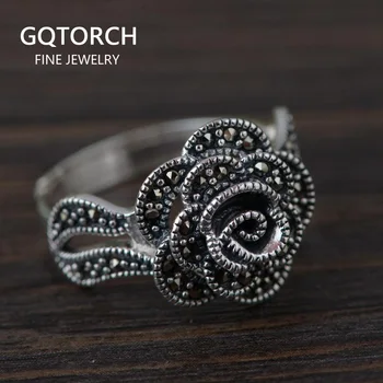 

925 Sterling Silver Flowers Rose Rings Resizable For Women Black Mosaic Inlaid Thai Silver Retro Vintage Jewelry Aneis Feminino